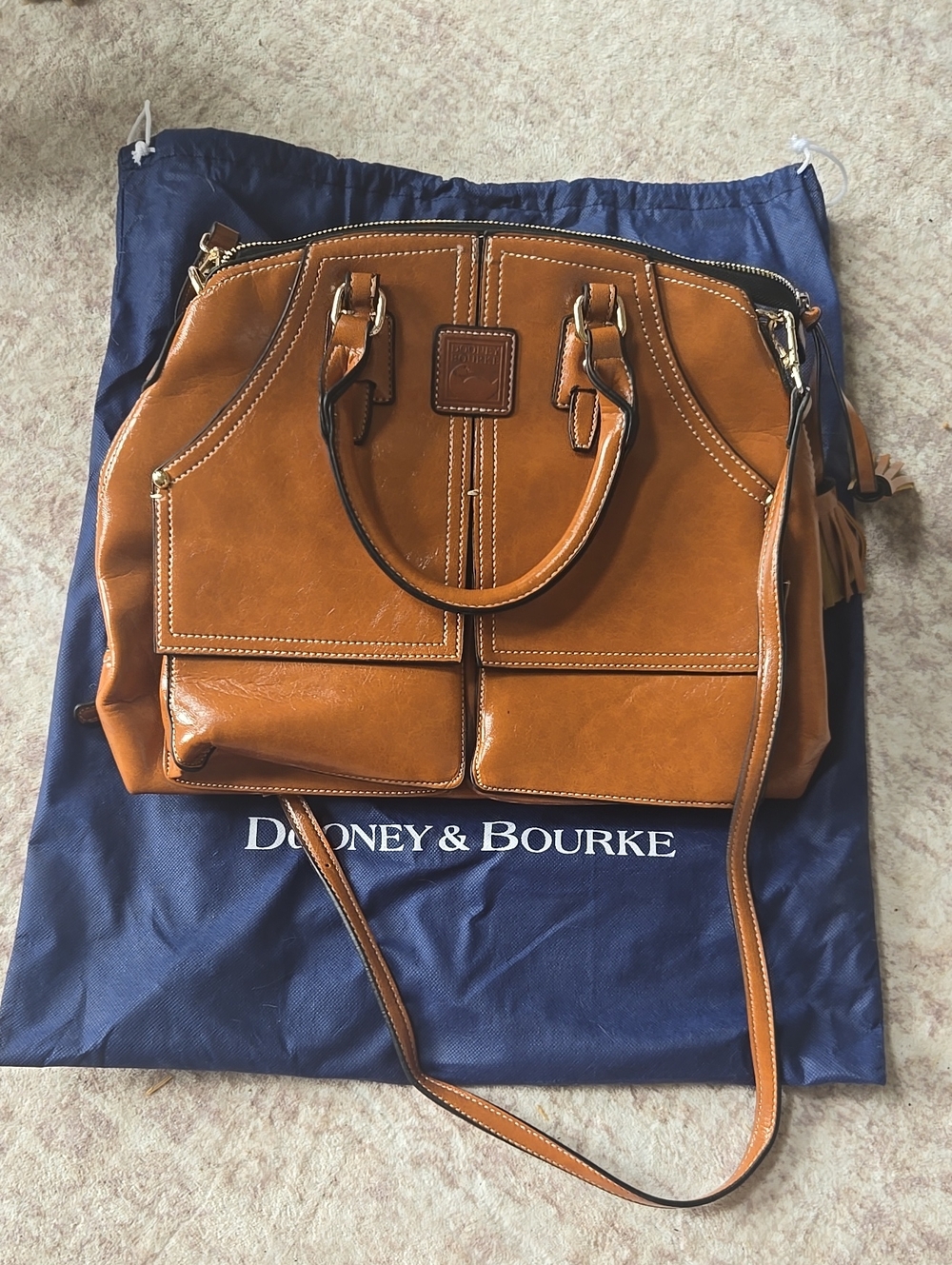 Dooney & Bourke Cognac Leather Satchel with Shoulder Strap